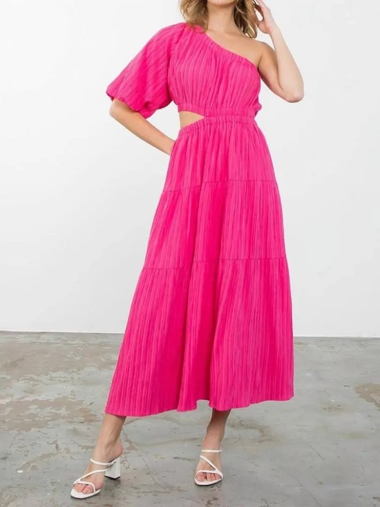THML Dresses & Skirts - THML Tropical Destination Tiered One-Shoulder Pink Maxi Dress with Cutout